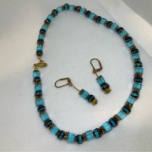 Vintage Glass Bead Necklace Blue Ice Cubes